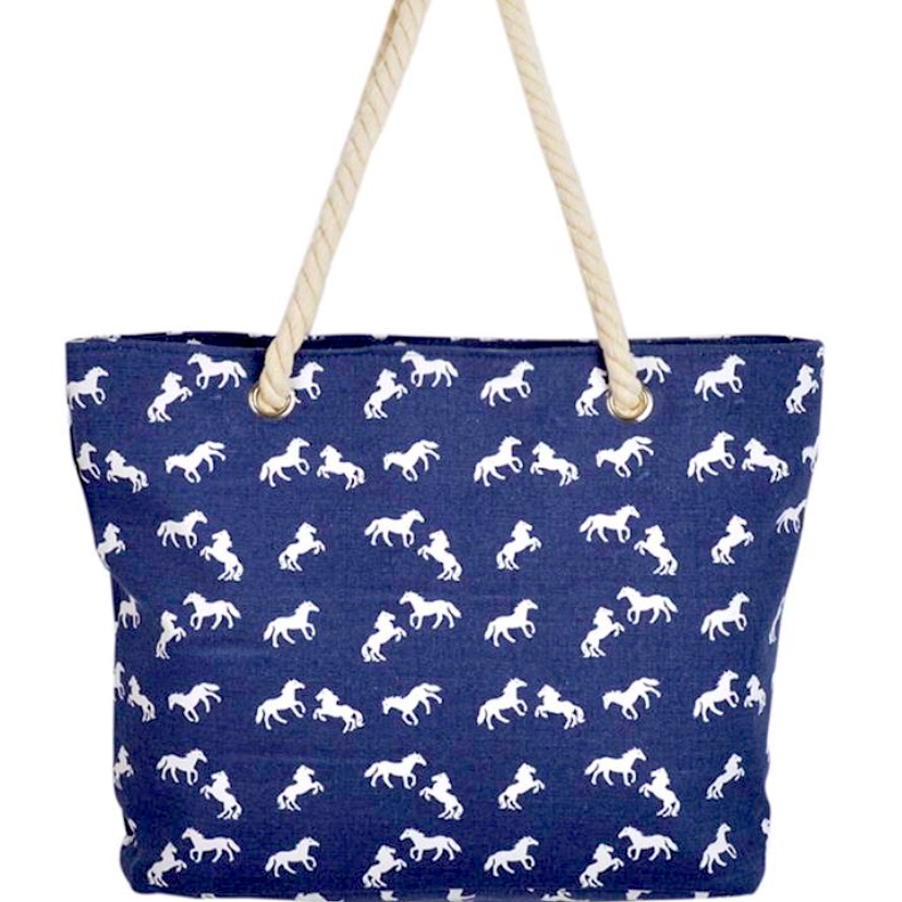 Kentucky Derby White  Blue Print Canvas Horse Tote Beach Bag Equestrian